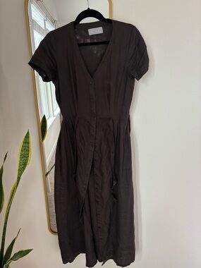 Linen Button-Front V-Neck Midi Dress in Black by LIZ ALIG
